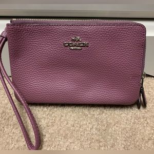 Eggplant Leather Coach double-zipper wristlet